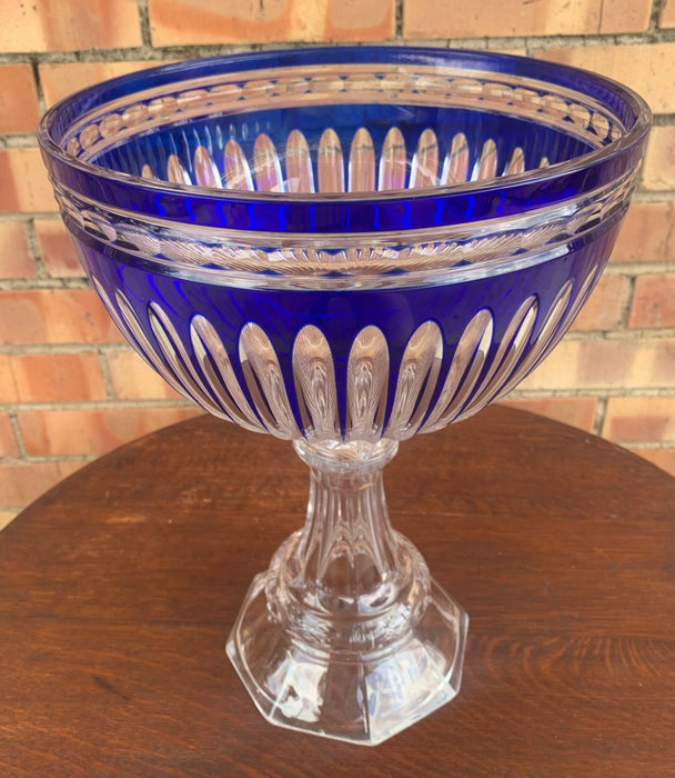 COBALT AND CLEAR GLASS TALL COMPOTE