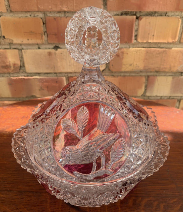 AMETHYST AND CLEAR CRYSTAL CANDY DISH WITH BIRDS