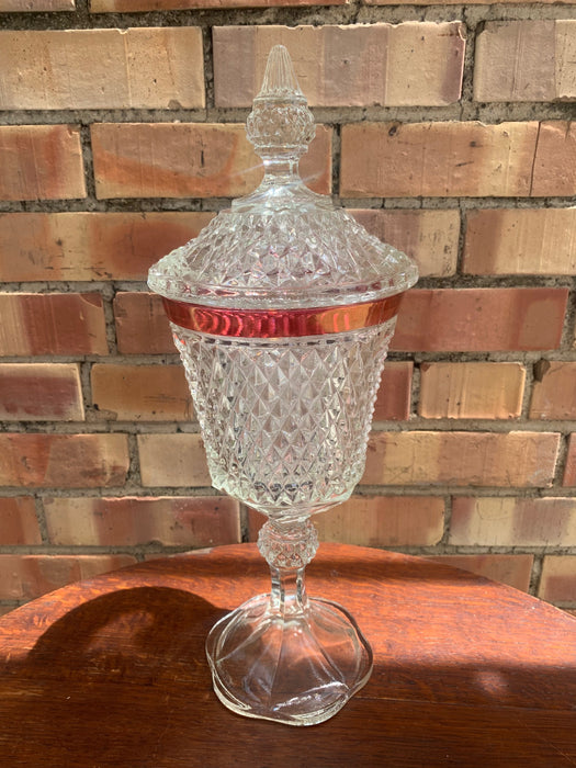 TALL AMETHYST AND CLEAR FOOTED JAR WITH LID