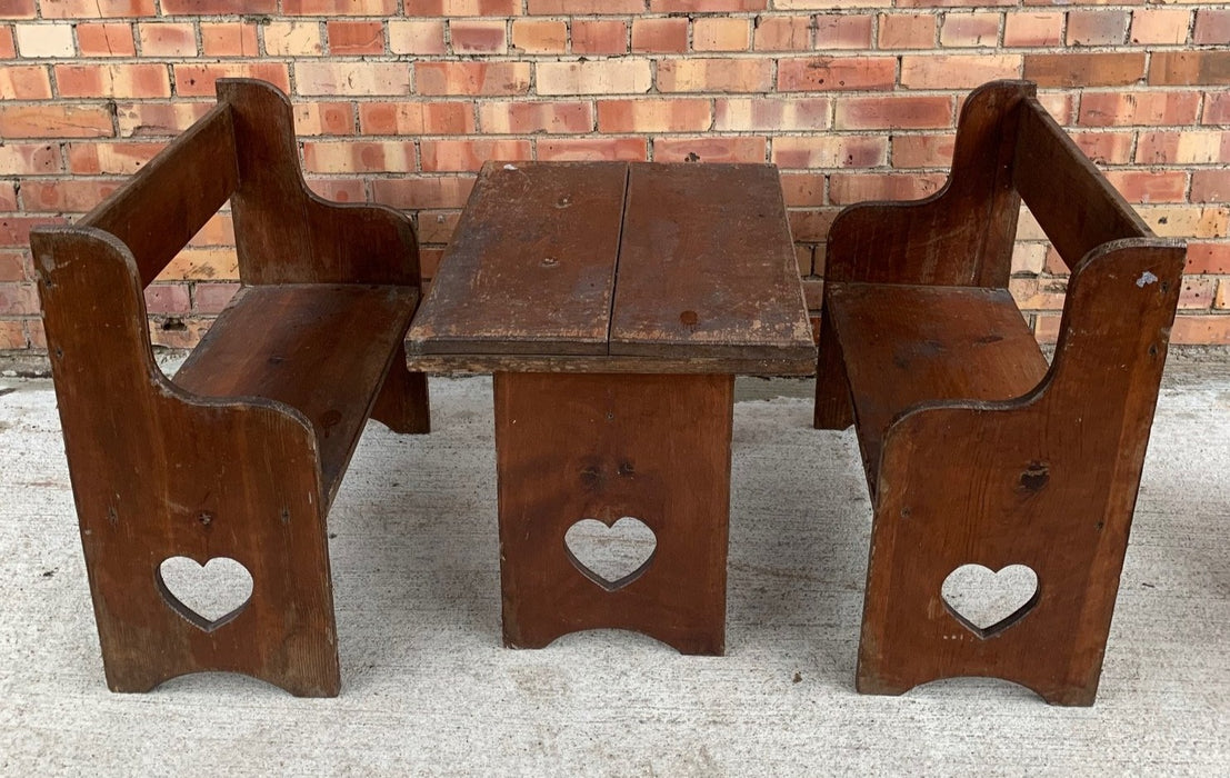 CHILD'S PINE TRESTLE TABLE AND 2 BENCHES SET