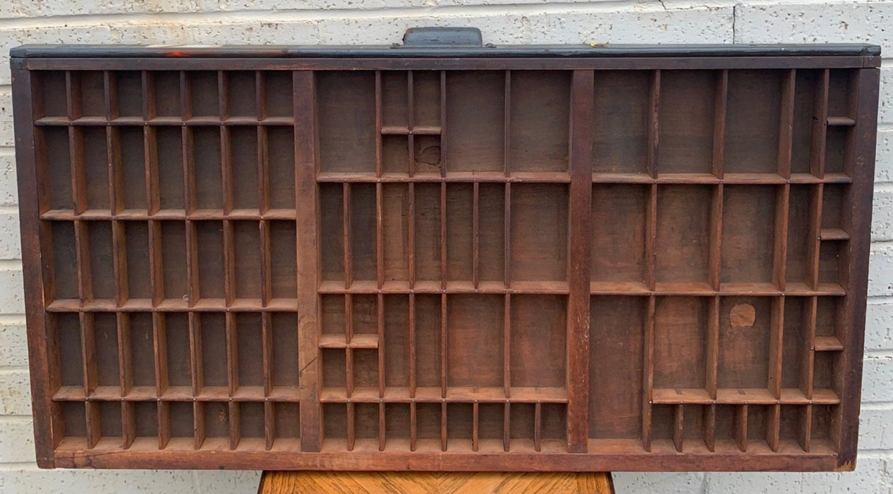 LARGE ANTIQUE PRINTER'S DRAWER WITH CUBBIES