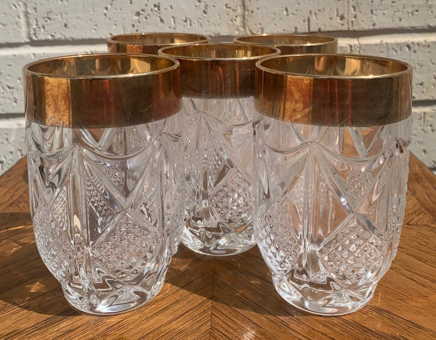 SET OF 5 GOLD RIM PRESSED GLASS TUMBLERS