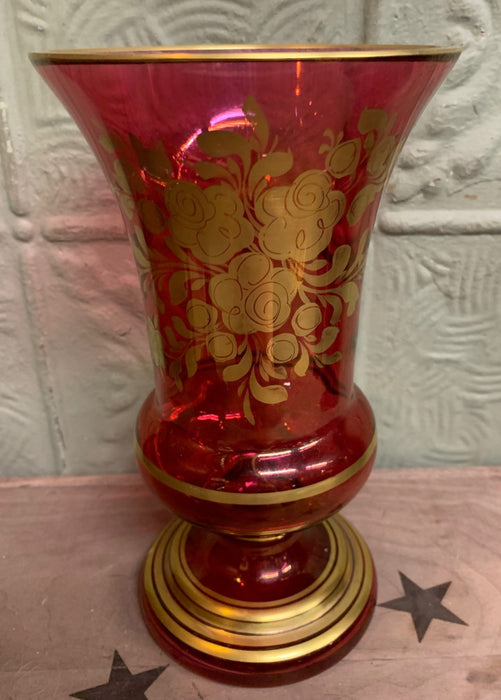 RUBY FLASH GLASS WITH GOLD RIM VASE