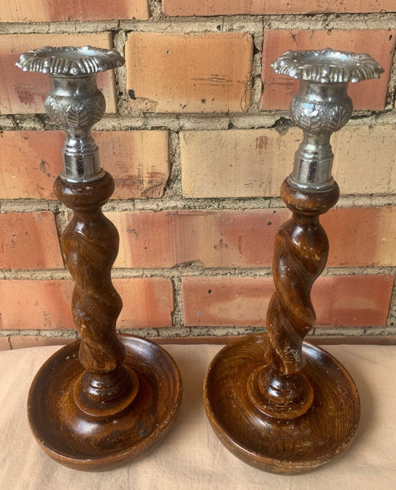 PAIR OF BRITISH JACOBEAN BARLEY TWIST CANDLESTICKS
