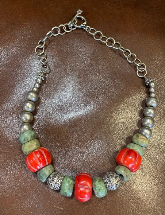 RED, GREEN, AND SILVER BEADED NECKLACE