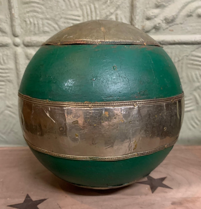 WOOD AND BRASS LARGE GREEN DECORATIVE BALL