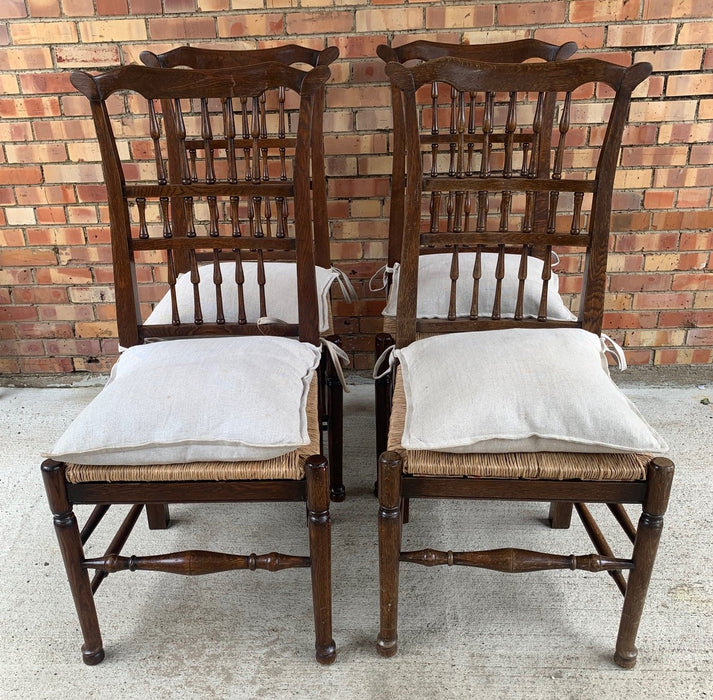 SET OF 4 OAK SPINDLE RUSH SEAT CHAIRS WITH LINEN CUSHIONS