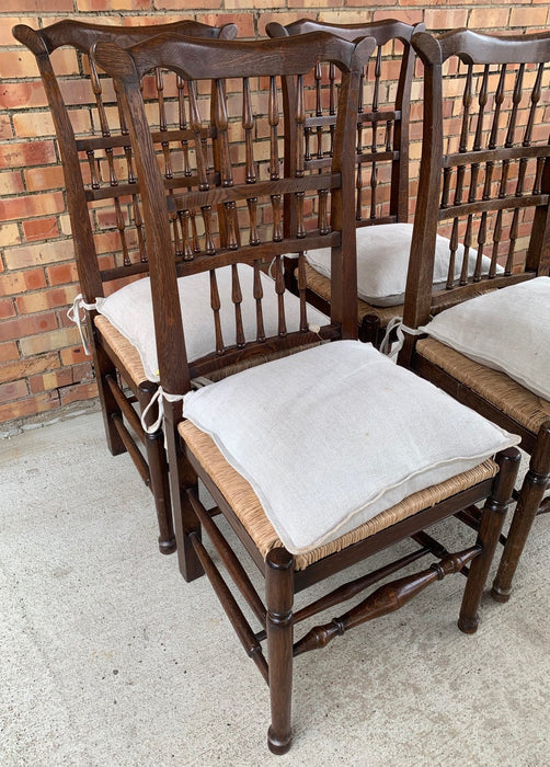 SET OF 4 OAK SPINDLE RUSH SEAT CHAIRS WITH LINEN CUSHIONS