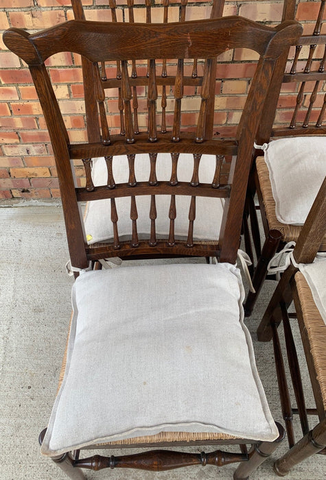 SET OF 4 OAK SPINDLE RUSH SEAT CHAIRS WITH LINEN CUSHIONS