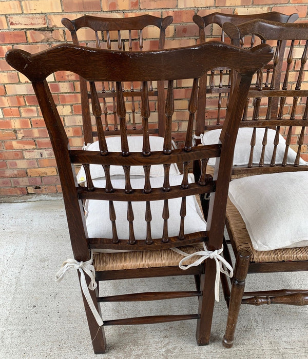 SET OF 4 OAK SPINDLE RUSH SEAT CHAIRS WITH LINEN CUSHIONS