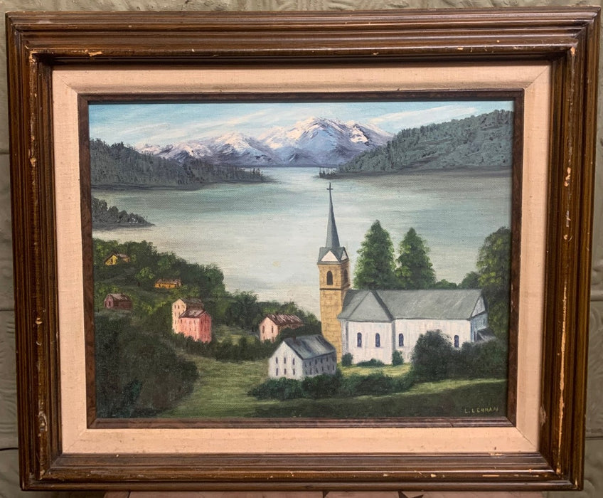 SMALL LANDSCAPE OIL PAINTING OF LAKE AND MOUNTAINS WITH CHURCH BY L. LEHMAN