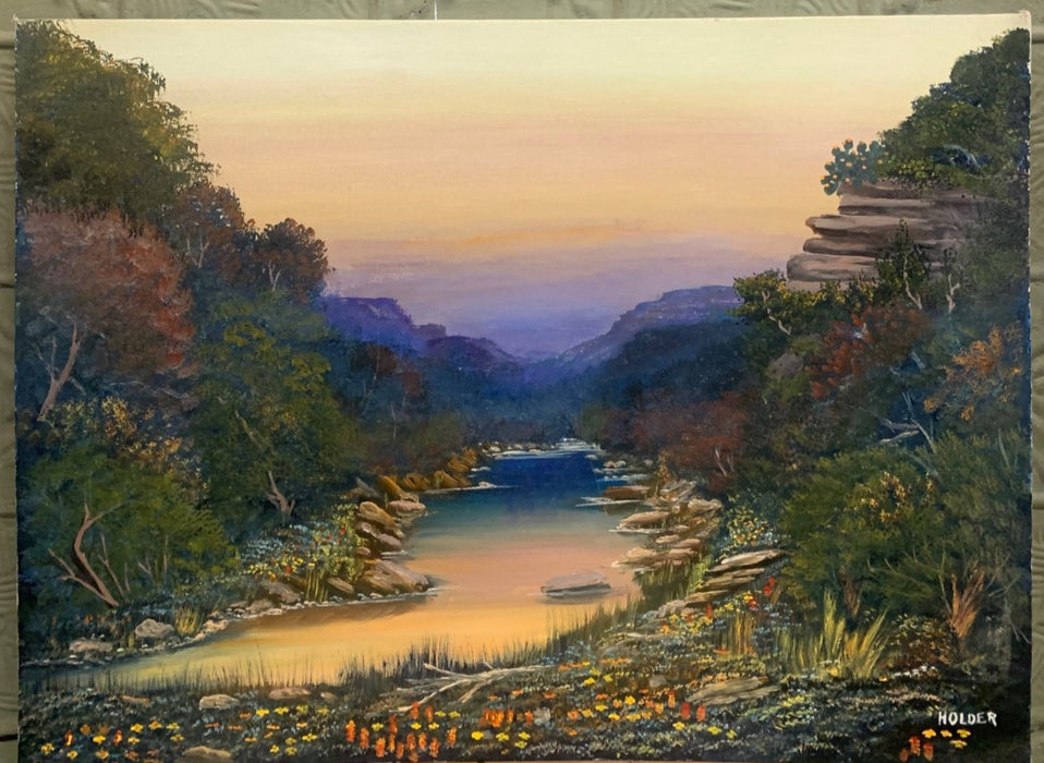 LANDSCAPE ON BOARD OF STREAM WITH ROCK OUTCROPPING BY HOLDER