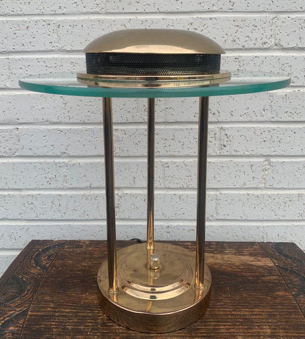POST MODERN "SATURN" BRASS AND ROUND GLASS TABLE LAMP