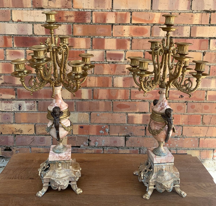 PAIR OF FRENCH BRASS AND MARBLE LOUIS XVI CANDELABRAS