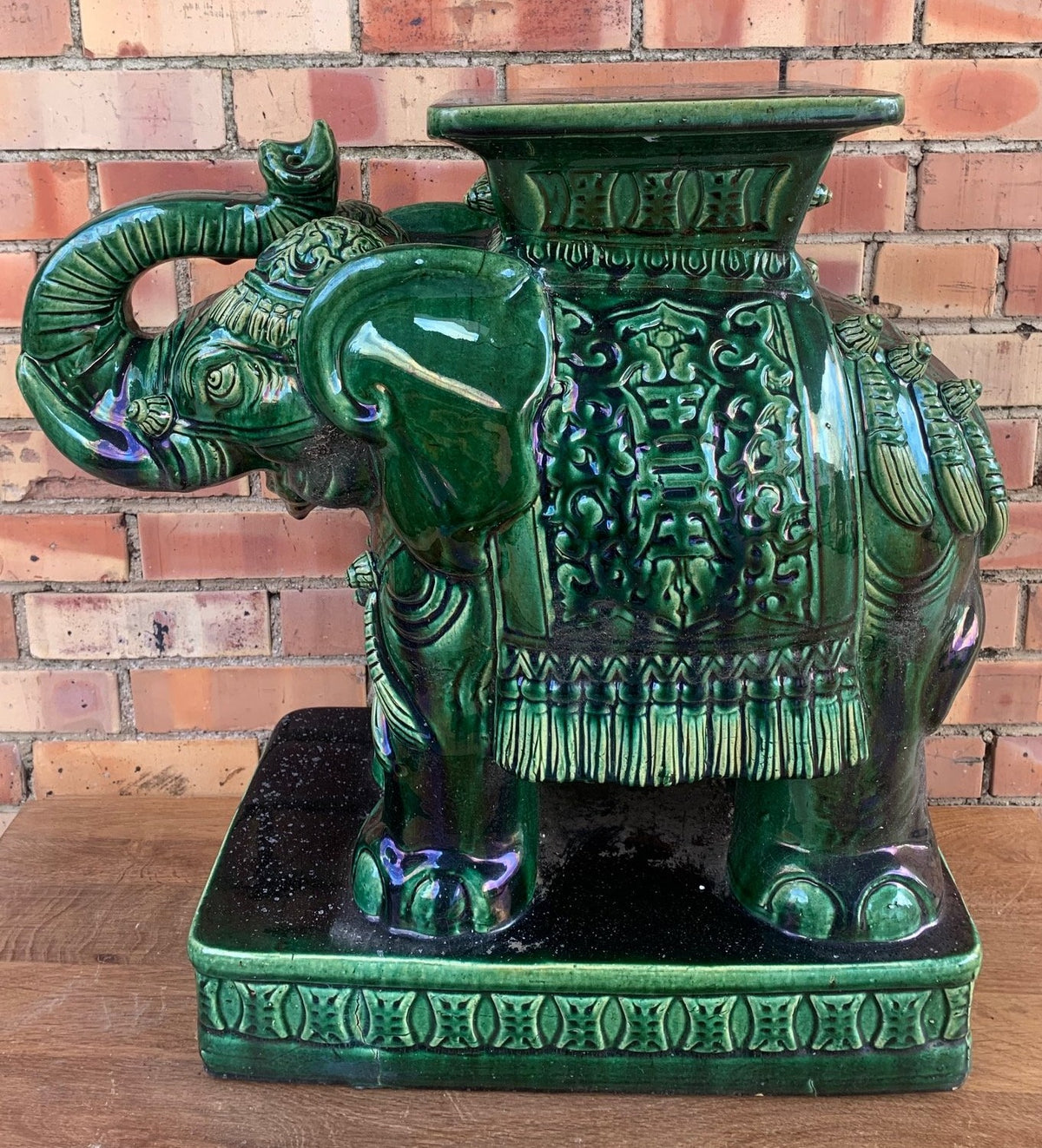 LARGE EMERALD GREEN CERAMIC ELEPHANT PLANT STAND — Lots of Furniture