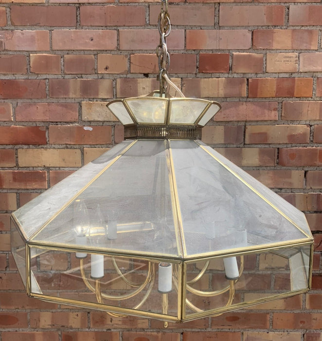 VINTAGE BRASS AND GLASS CHANDELIER