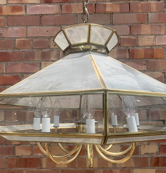 VINTAGE BRASS AND GLASS CHANDELIER