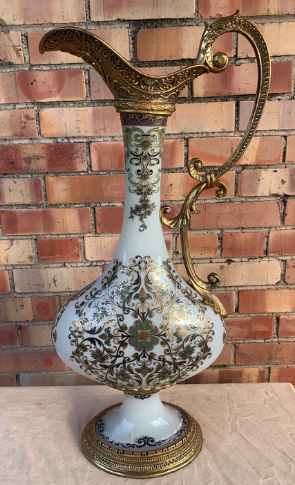ORNATE GLASS EWER WITH METAL HANDLE - NOT OLD
