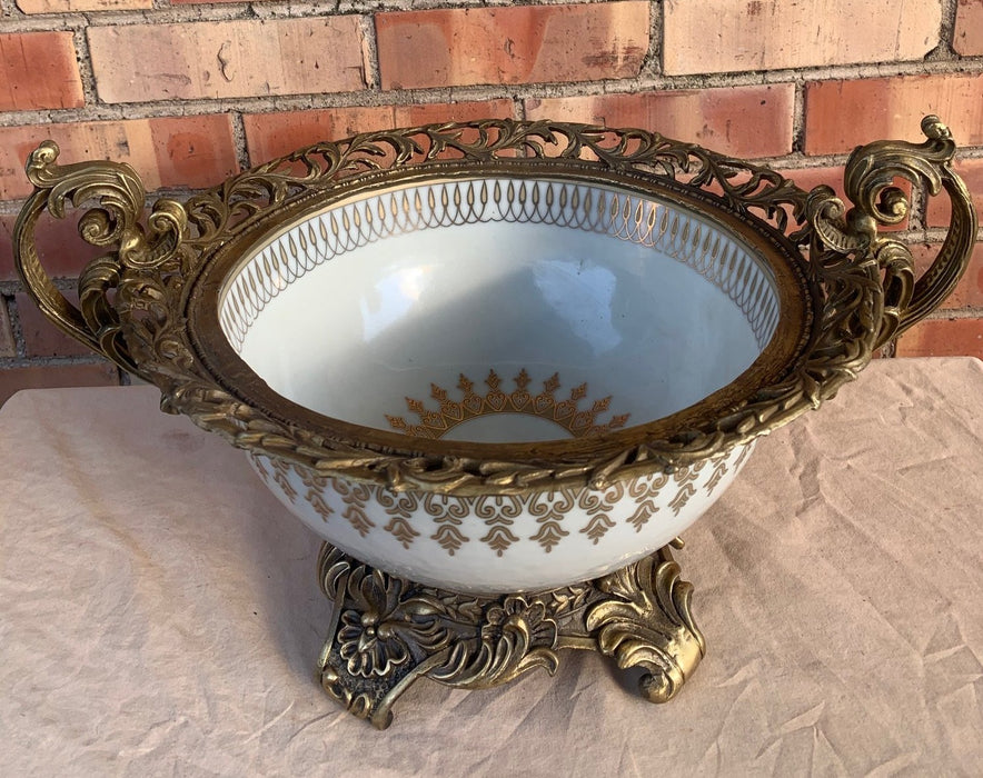 NOT OLD ORNATE PORCELAIN AND BRASS CENTER BOWL