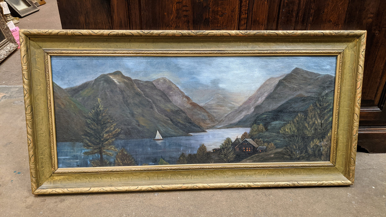 1920'S PRIMITIVE FIORD LANDSCAPE OIL PAINTING IN GILT FRAME