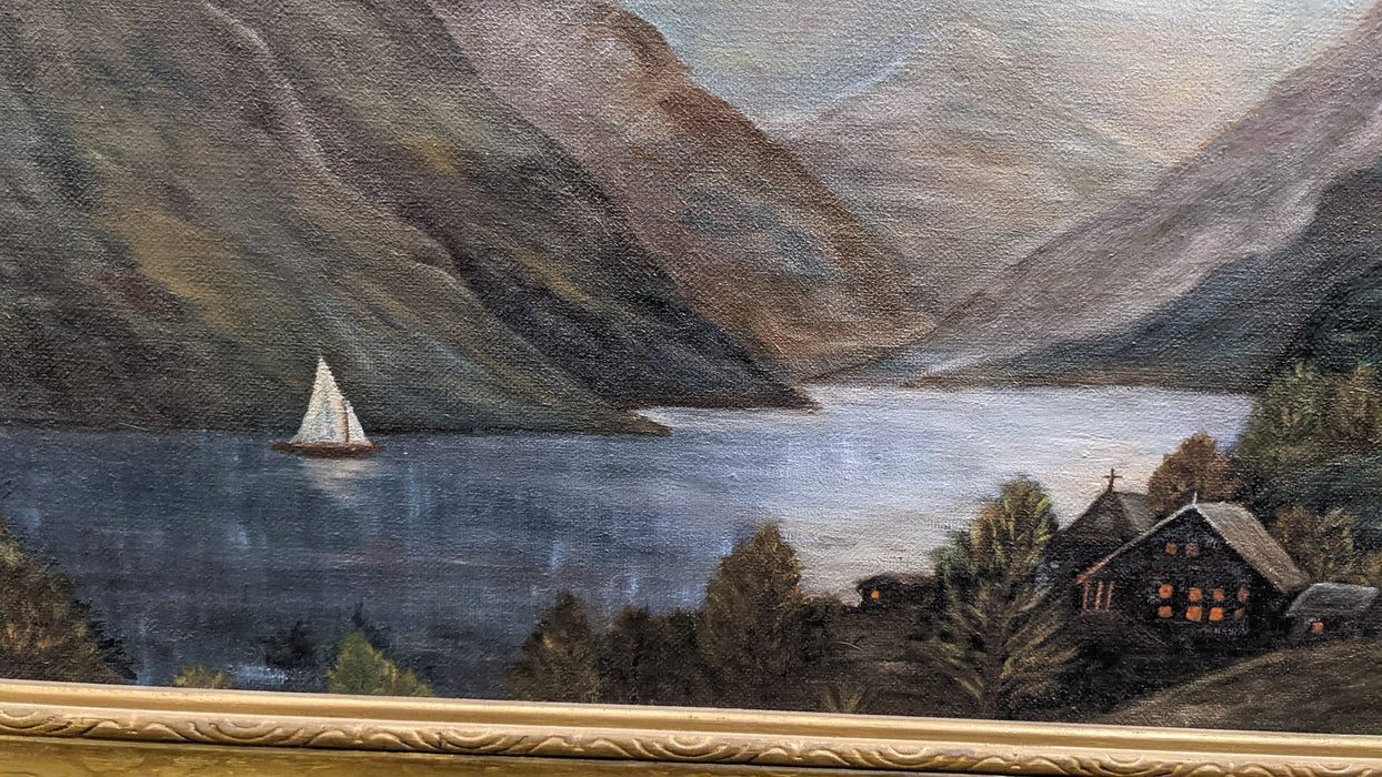 1920'S PRIMITIVE FIORD LANDSCAPE OIL PAINTING IN GILT FRAME