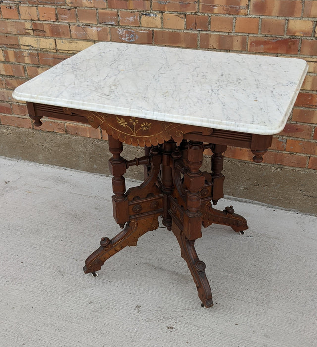 VICTORIAN WALNUT PARLOR TABLE WITH MARBLE TOP