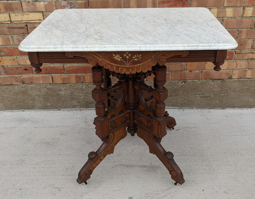 VICTORIAN WALNUT PARLOR TABLE WITH MARBLE TOP