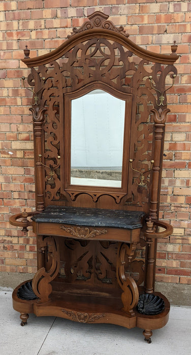 FRETWORK CARVED ROSEWOOD HALL TREE WITH MARBLE TOP