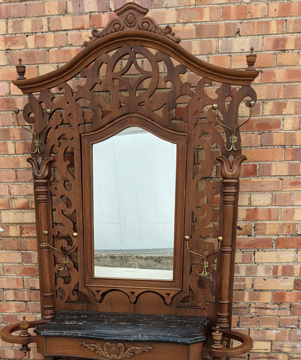 FRETWORK CARVED ROSEWOOD HALL TREE WITH MARBLE TOP