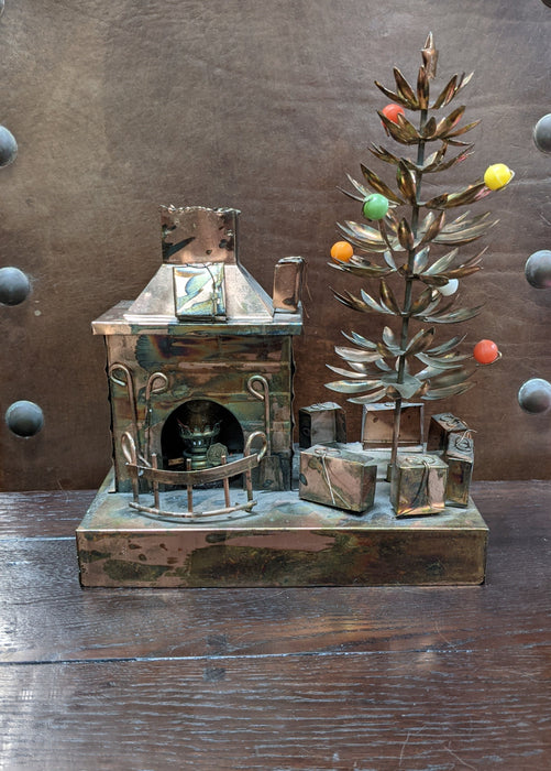 COPPER CHRISTMAS TREEE AND FIREPLACE MUSIC BOX