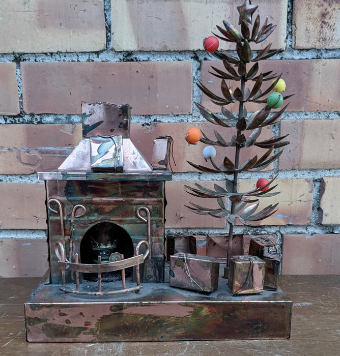 COPPER CHRISTMAS TREEE AND FIREPLACE MUSIC BOX