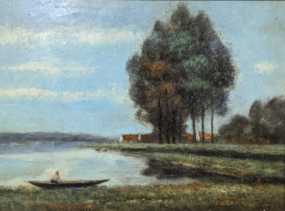 LANDSCAPE OIL PAINTING WITH SMALL BOAT ON LAKE