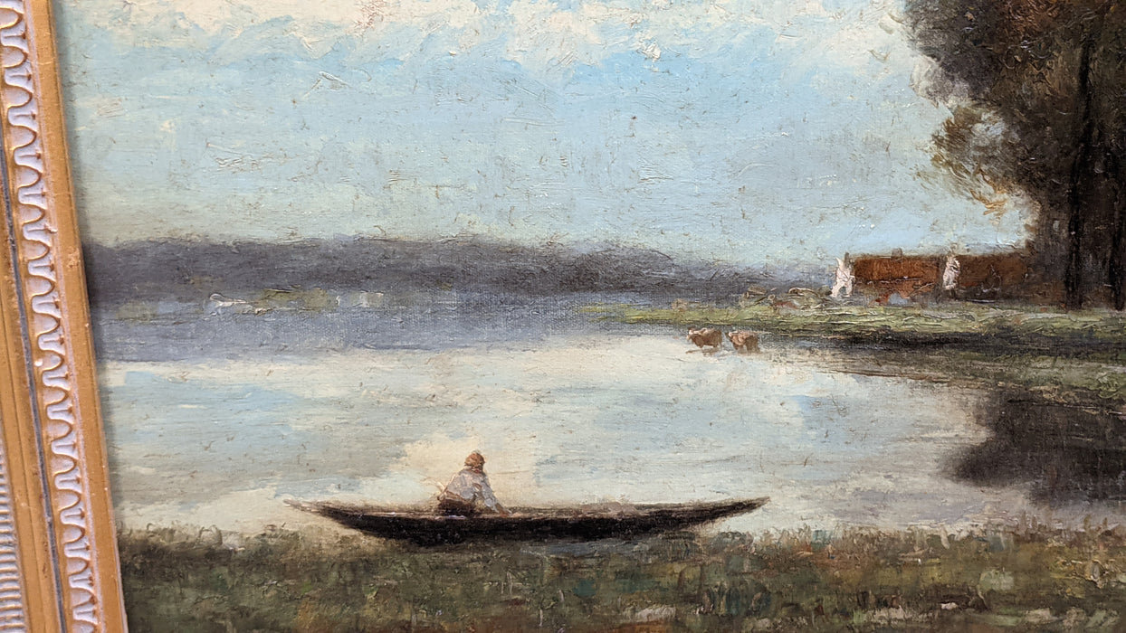 LANDSCAPE OIL PAINTING WITH SMALL BOAT ON LAKE