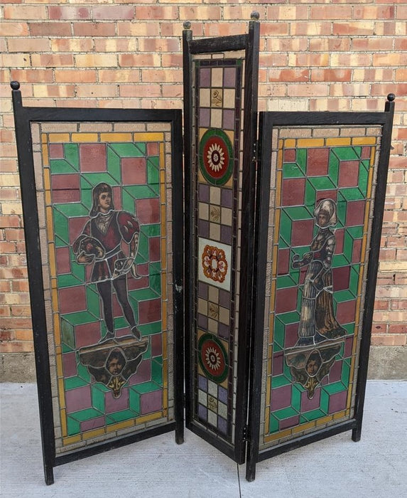 3 PANEL STAINED GLASS SCREEN WITH MAN AND WOMAN FIGURES