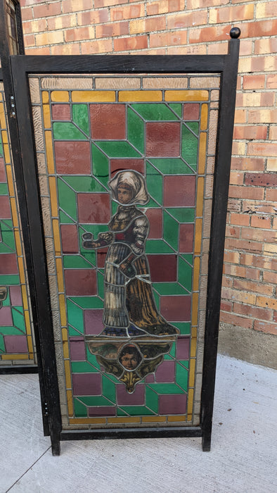 3 PANEL STAINED GLASS SCREEN WITH MAN AND WOMAN FIGURES