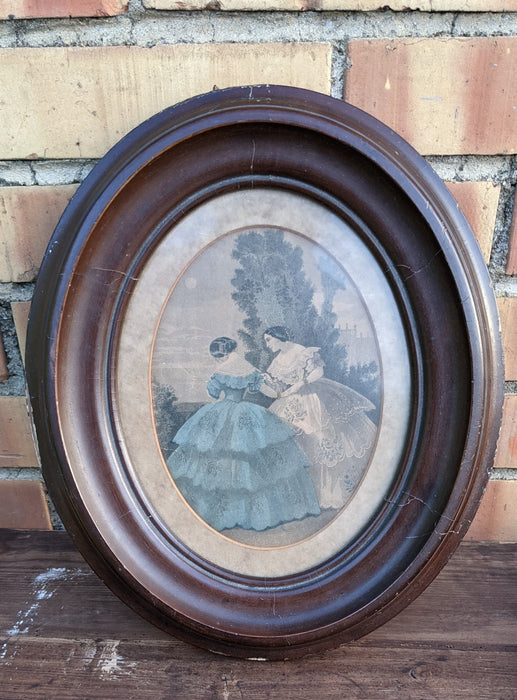 OVAL DARK WOOD FRAMED VICTORIAN PRINT OF WOMEN