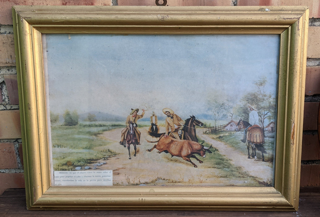 PAIR OF GOLD WOOD FRAMES WITH MEXICAN PRINTS
