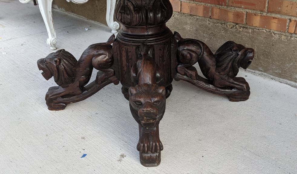 LION CARVED BASE OAK COFFEE TABLE AS FOUND
