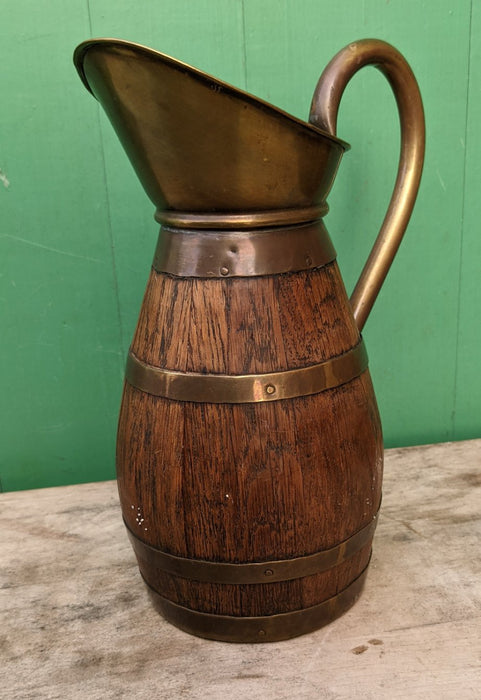 SMALL BRASS AND OAK BARREL PITCHER