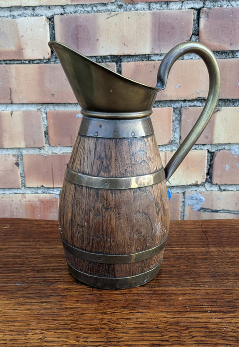 SMALL BRASS AND OAK BARREL PITCHER