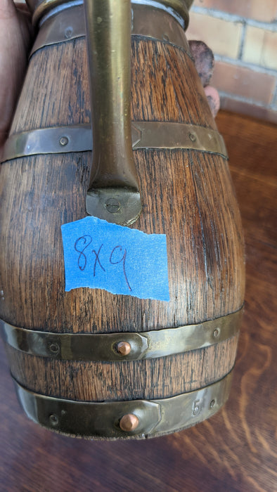 SMALL BRASS AND OAK BARREL PITCHER