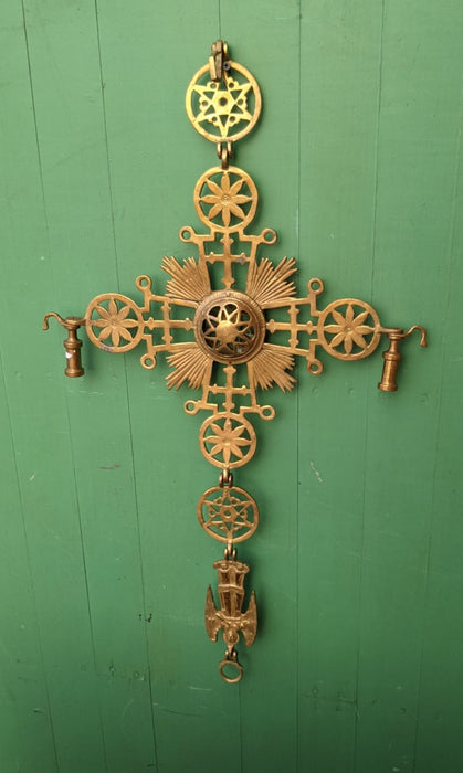 HANGING BRASS CROSS CHANDLEABRA