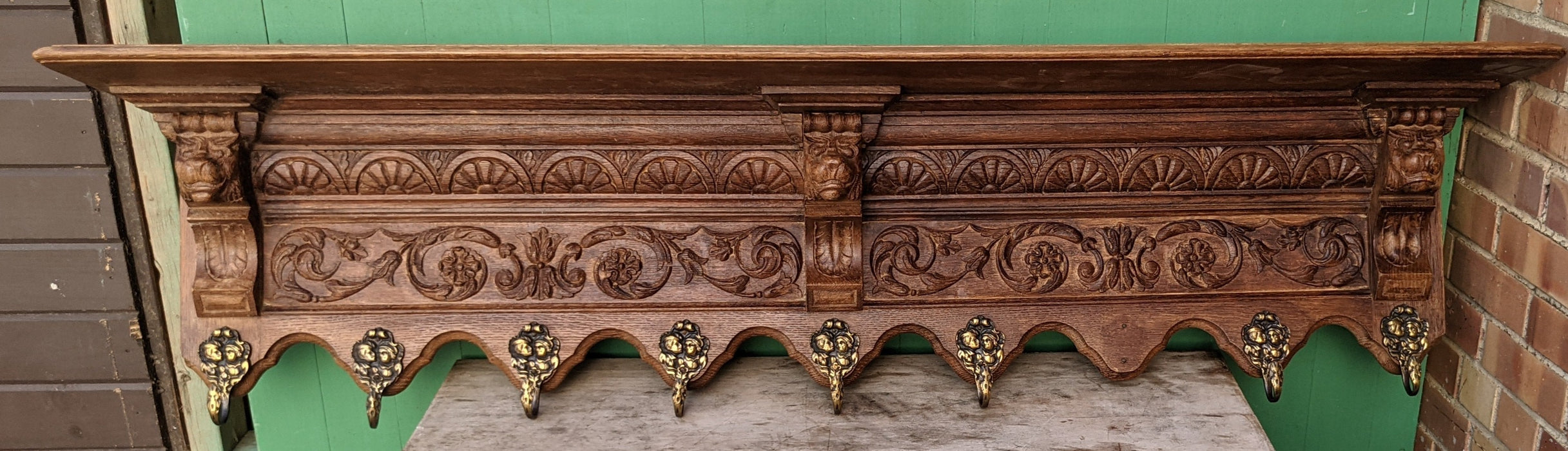 HUGE OAK LIONS HEAD WALL SHELF