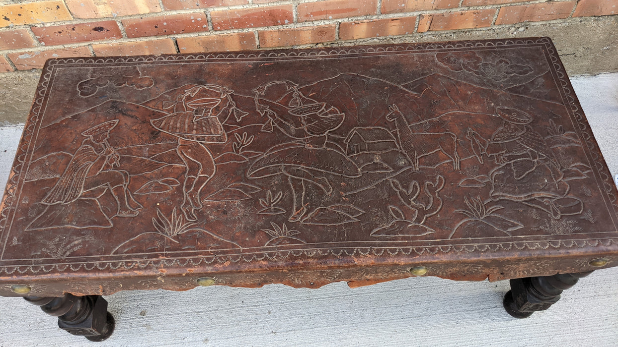 TOOLED LEATHER BENCH WITH BARLEY TWIST LEGS