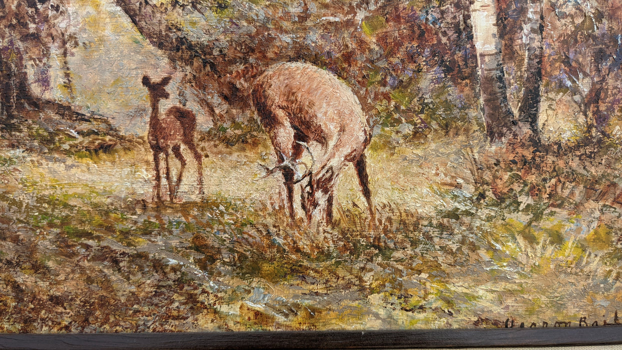 OIL PAINTING ON BOARD OF DEER SIGNED BY DEARON BAILEY