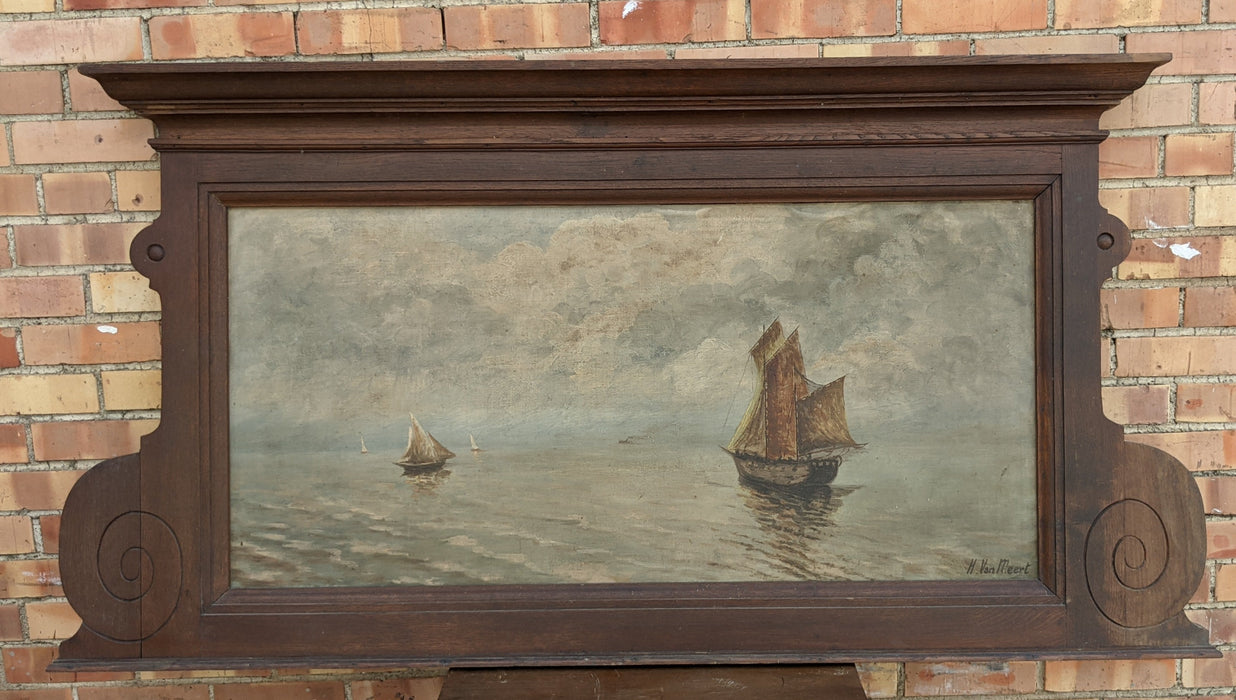 LARGE OAK FRAMED SAILING SHIP PAINTING ON BOARD