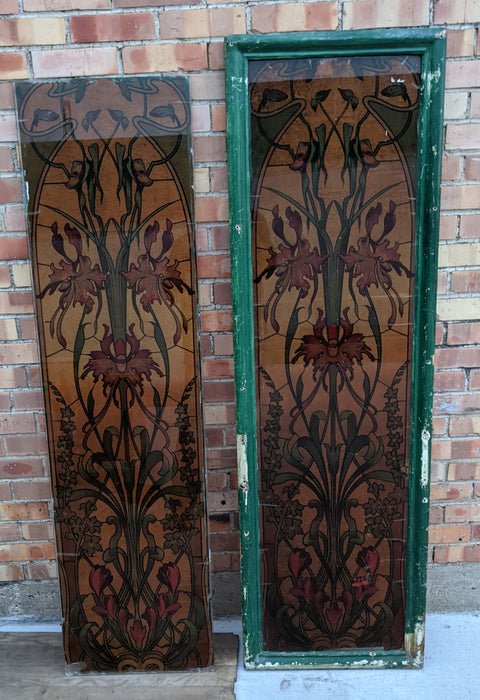 PAIR OF FLORAL PAINTED GLASS PANELS-ONE IN FRAME