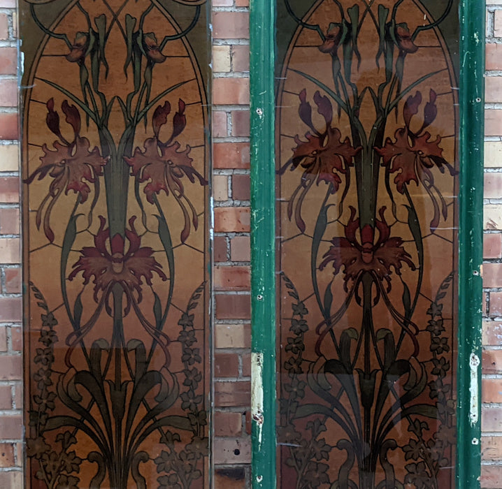 PAIR OF FLORAL PAINTED GLASS PANELS-ONE IN FRAME