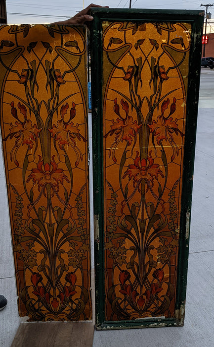 PAIR OF FLORAL PAINTED GLASS PANELS-ONE IN FRAME