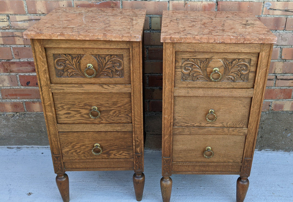 PAIR OF ART DECO MARBLE TOP OAK NIGHT STANDS